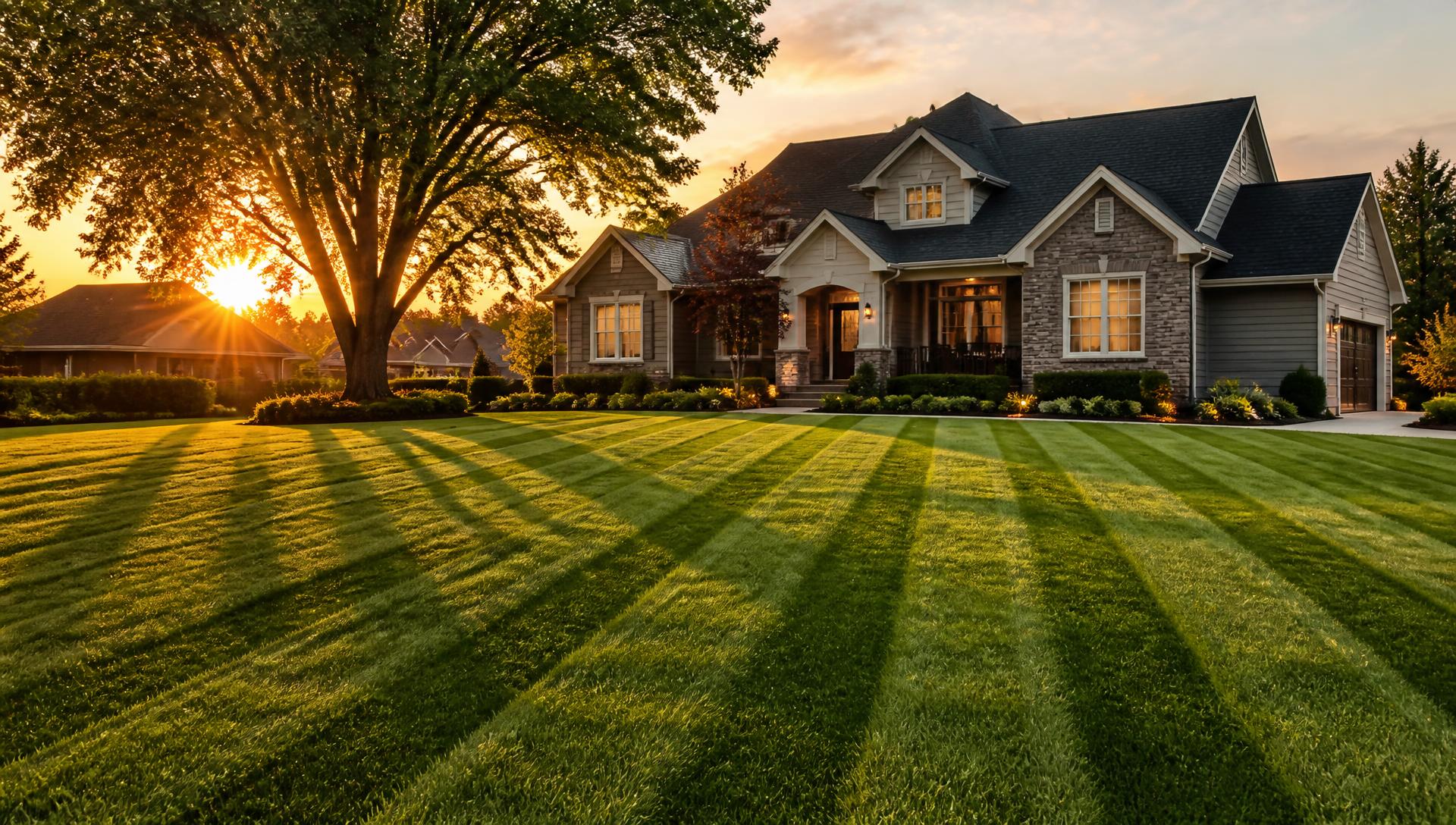 Freshly striped lawn in front of a home after professional mowing
